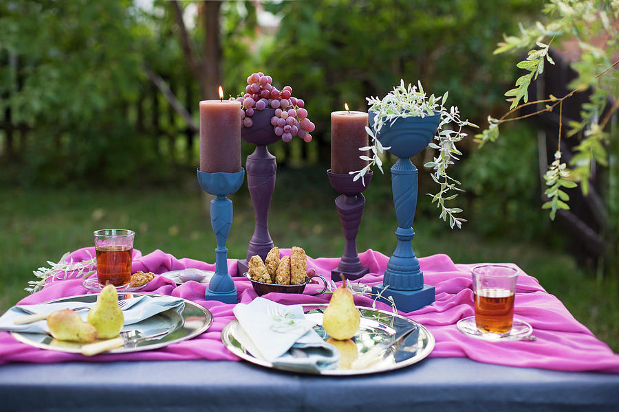 Table Festively Set In Blue And Purple In Garden #1 Photograph by Alicja Koll