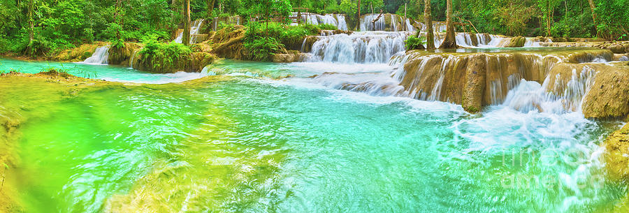 Tat Sae Waterfalls. Beautiful Landscape, Laos. Panorama Photograph