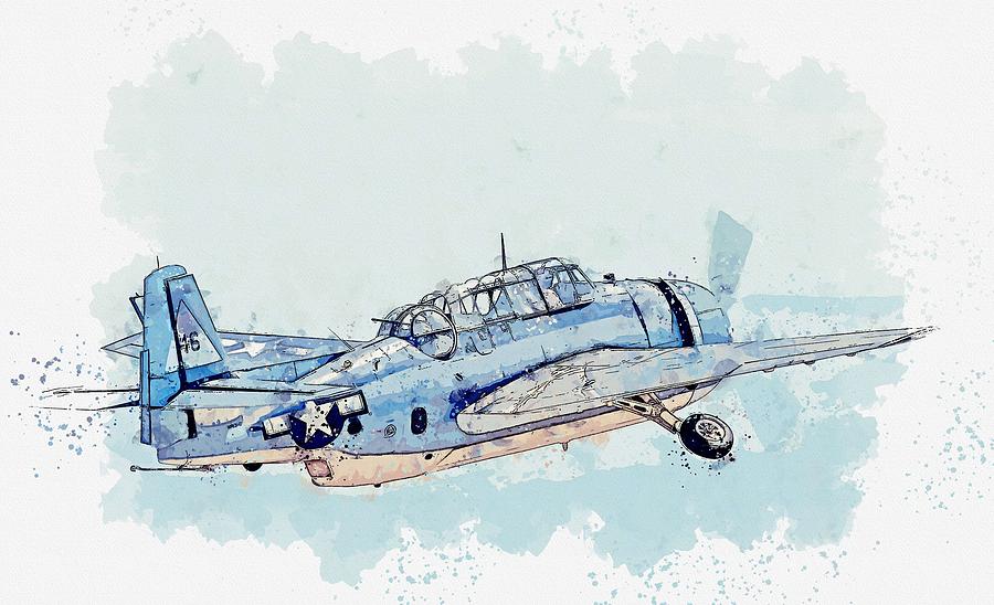 TBM Avenger Gear Up watercolor by Ahmet Asar #1 Painting by Celestial Images