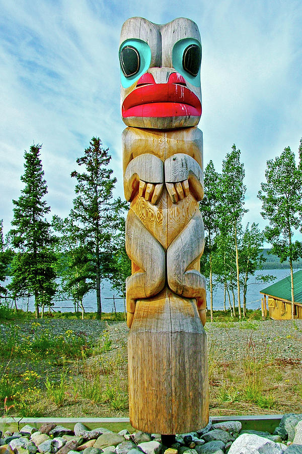 Teslin Lake And A Totem Pole At Teslin Tlingit Heritage Memorial Centre