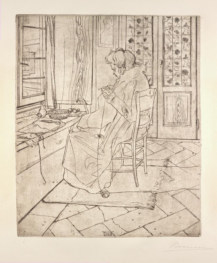 Curtain Drawing - The Artists Mother Crocheting by Umberto Boccioni