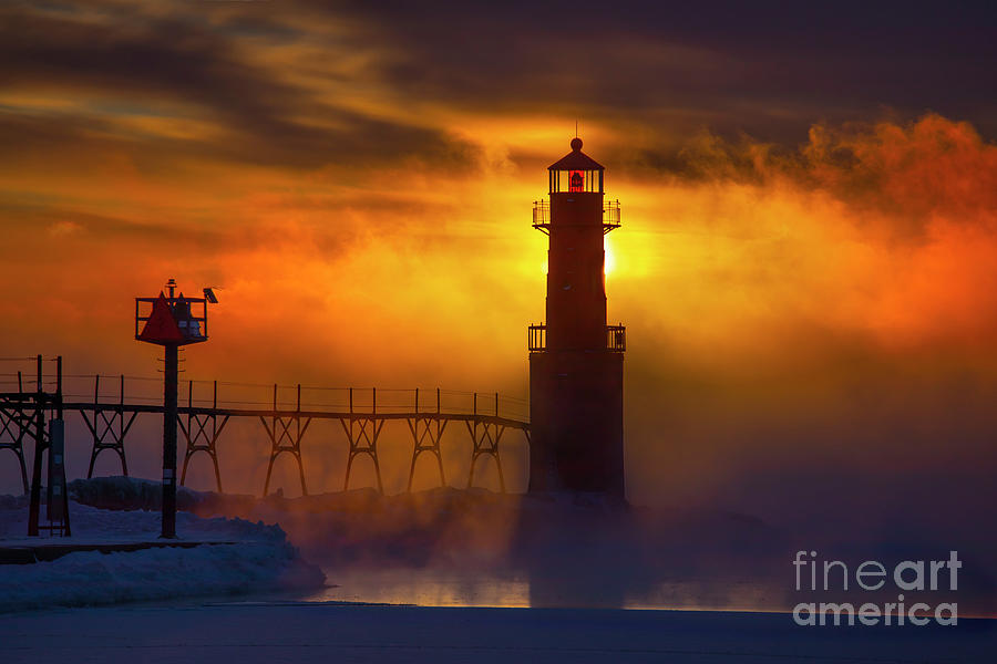 The Beautiful Algoma Wisconsin Lighthouse stands Sentinel in glowing 