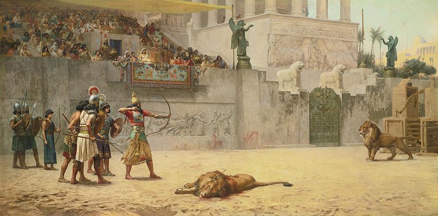 Lion Painting - The Diversion Of An Assyrian King by Frederick Arthur Bridgman