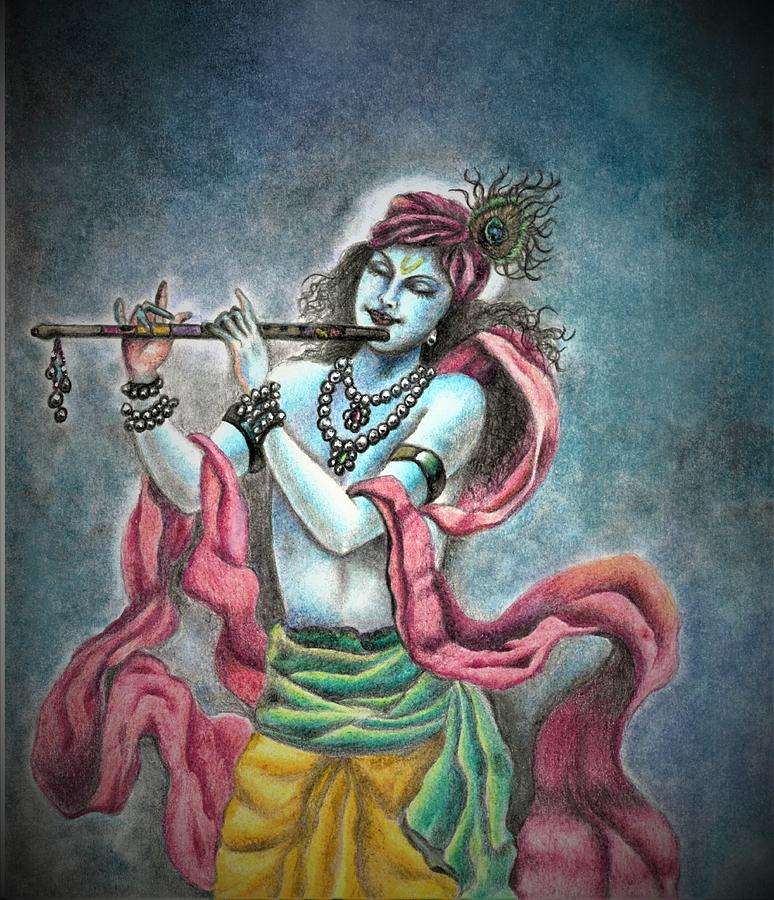 The divine flute player, Sri Krishna Drawing by Tara Krishna