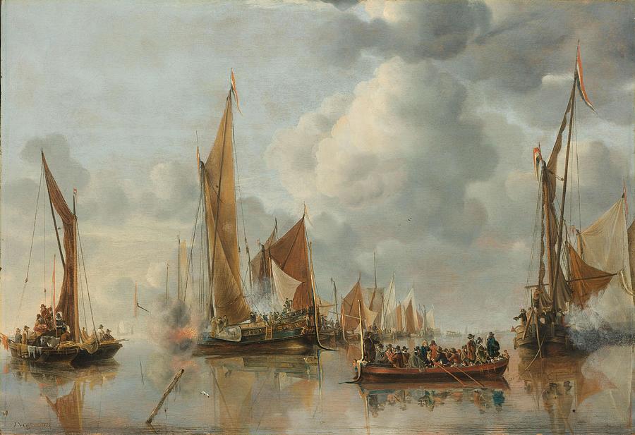 The Home Fleet Saluting the State Barge. #1 Painting by Jan van de Cappelle