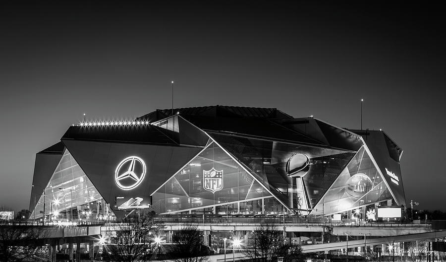 American Football Game Photograph - The Jewel Of Atlanta Mercedes- Benz Stadium B W Super Bowl L111 Atlanta Night Art by Reid Callaway