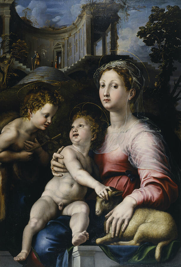 The Madonna and Child with Saint John the Baptist #1 Painting by Giulio Romano
