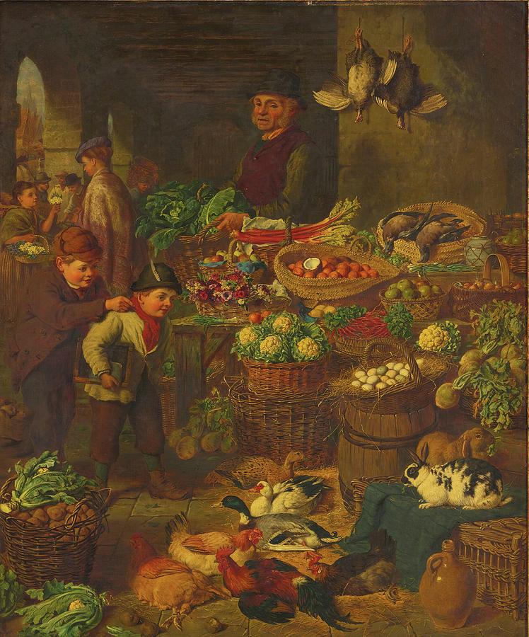 Vegetable Painting - The Market Stall by Henry Charles Bryant