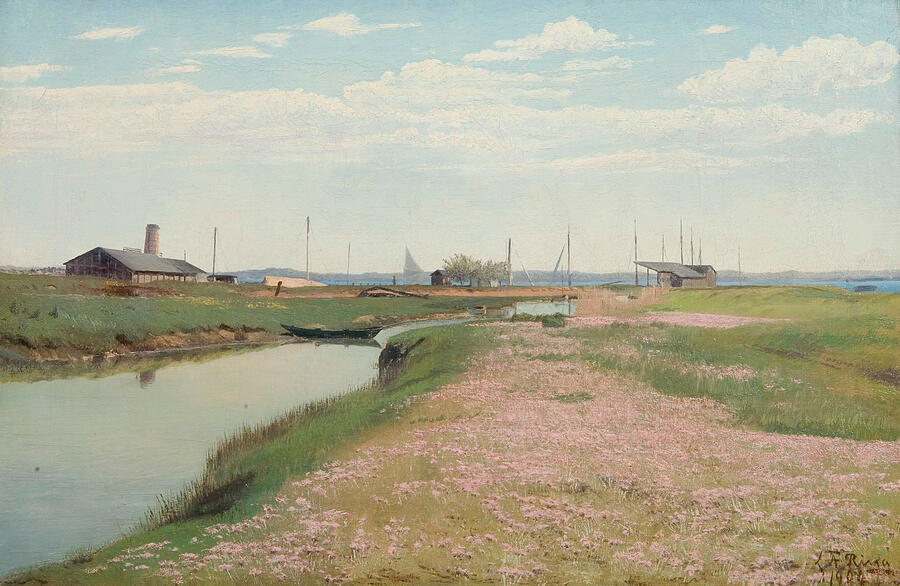 The River and the Harbour at Frederiksvaerk, from 1900 Painting by Laurits Andersen Ring