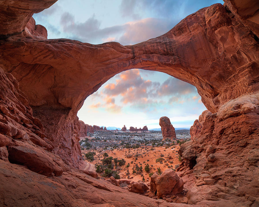 The Windows Section From Double Arch At Sunrise, Arches National Park, Utah #1 Photograph by Tim Fitzharris