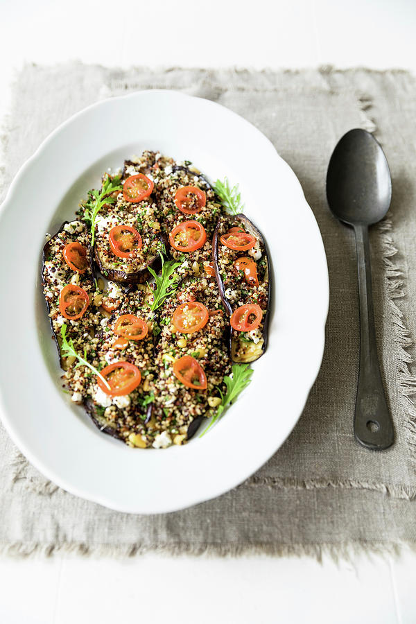 This Is A Baked Aubergine Dish Topped With A Mix Of Quinoa, Fresh Herbs And Feta Cheese gluten Free #1 Photograph by Joan Ransley