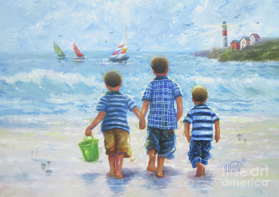 My Three Sons Painting - Three Little Beach Boys Walking				 #1 by Vickie Wade
