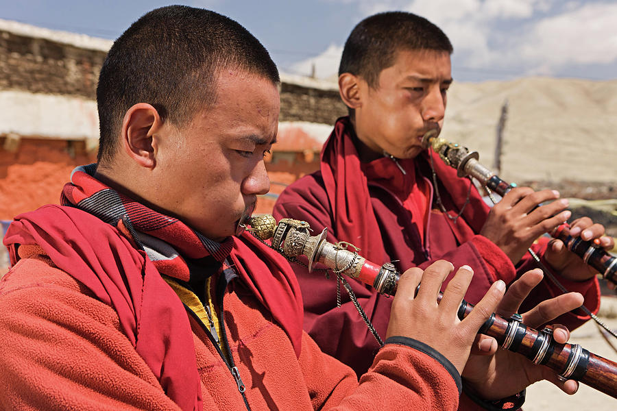 Tibetan Monks Playing Buddhist Horns #1 Photograph by Hadynyah