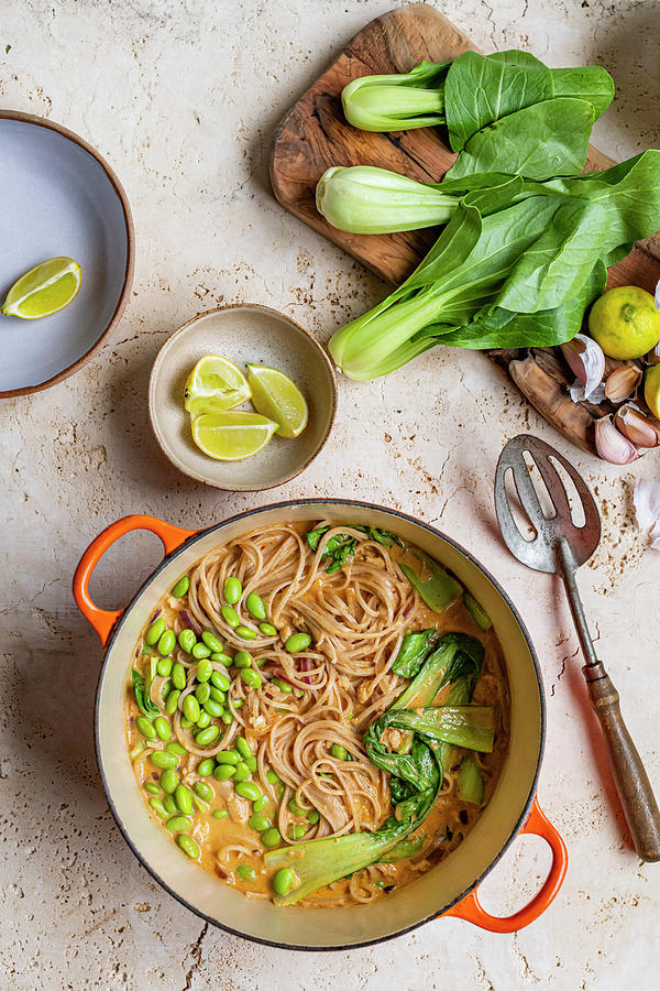 Tinned Salmon Pasta With Pak Choi And Edemame Beans #1 Photograph by Hein Van Tonder