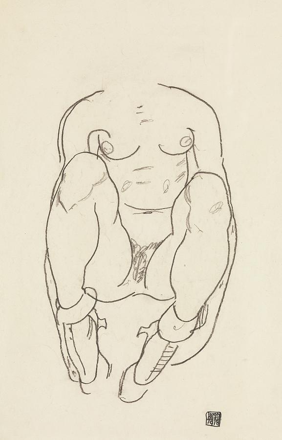 Black And White Drawing - Torso Of A Seated Woman With Boots by Egon Schiele