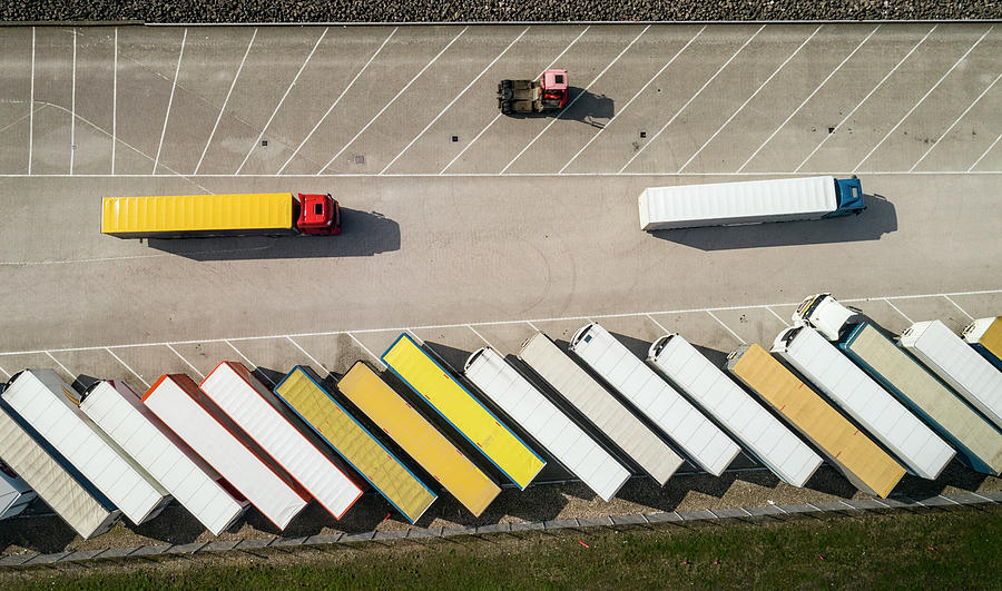 Abstract Digital Art - Trailers Parked Before Being Loaded Onto Ferry To Uk, Overhead View, Hook Of Holland, Zuid-holland, Netherlands #1 by Mischa Keijser