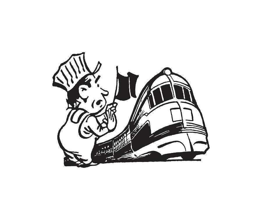 Black And White Drawing - Train Conductor with Flag by Tracks #1 by CSA Images