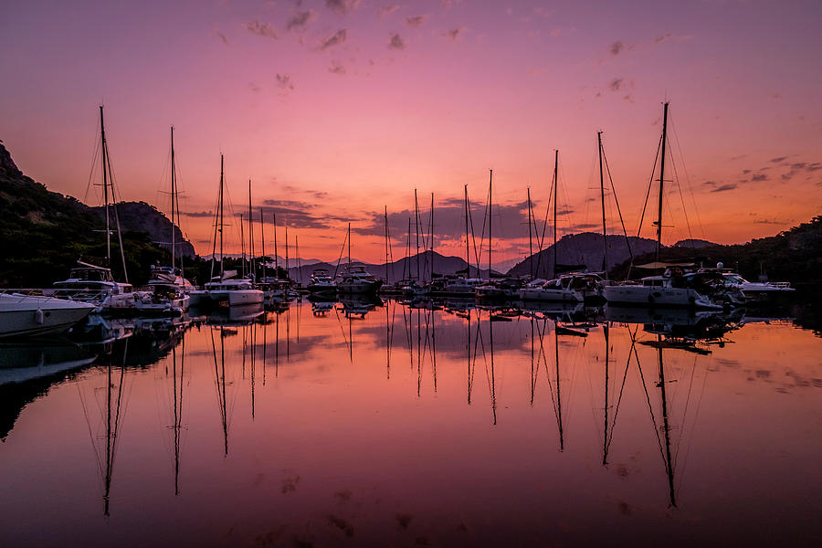 Turkey, Aegean Region, Gocek, Dawn Reflections Of The Yachts Moored Up At Wall Bay #1 Digital Art by Chantal Reed