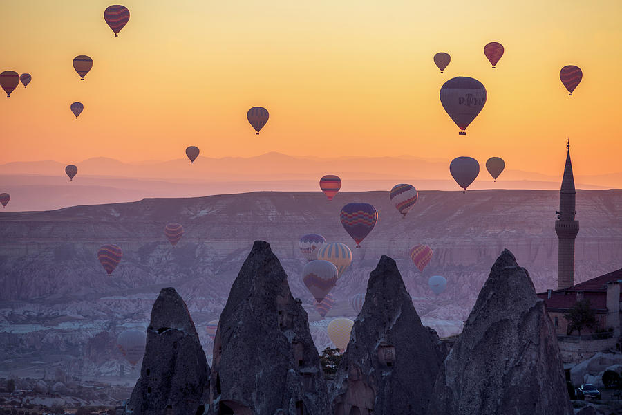 Turkey, Central Anatolia, Goreme, Cappadocia, Hot Air Balloons At Dawn Over Goreme National Park, Cappadocia #1 Digital Art by Chantal Reed