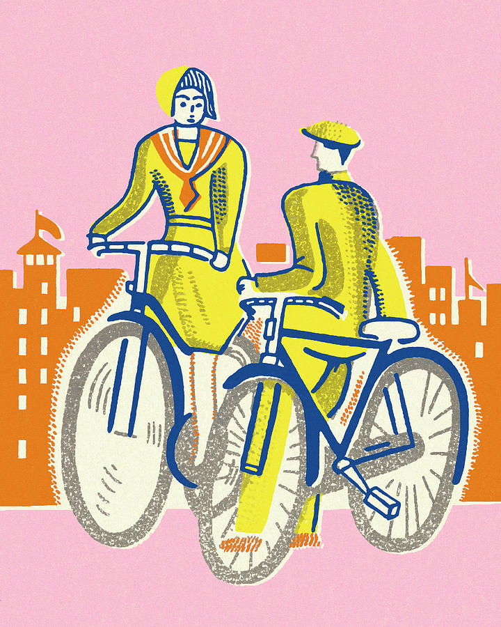 Vintage Drawing - Two Bicyclists #1 by CSA Images