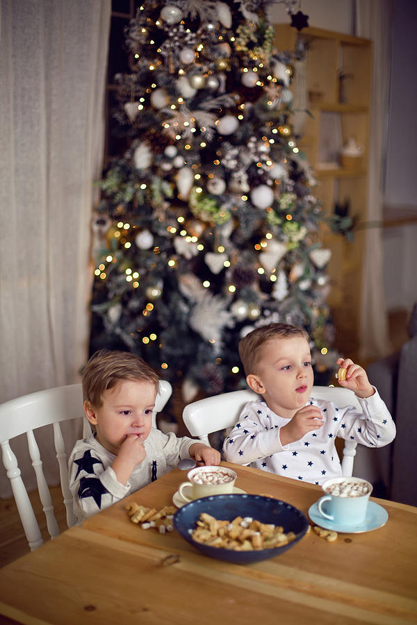 Two Brothers In Pajamas Sitting At The Table And Drink Cocoa Photograph