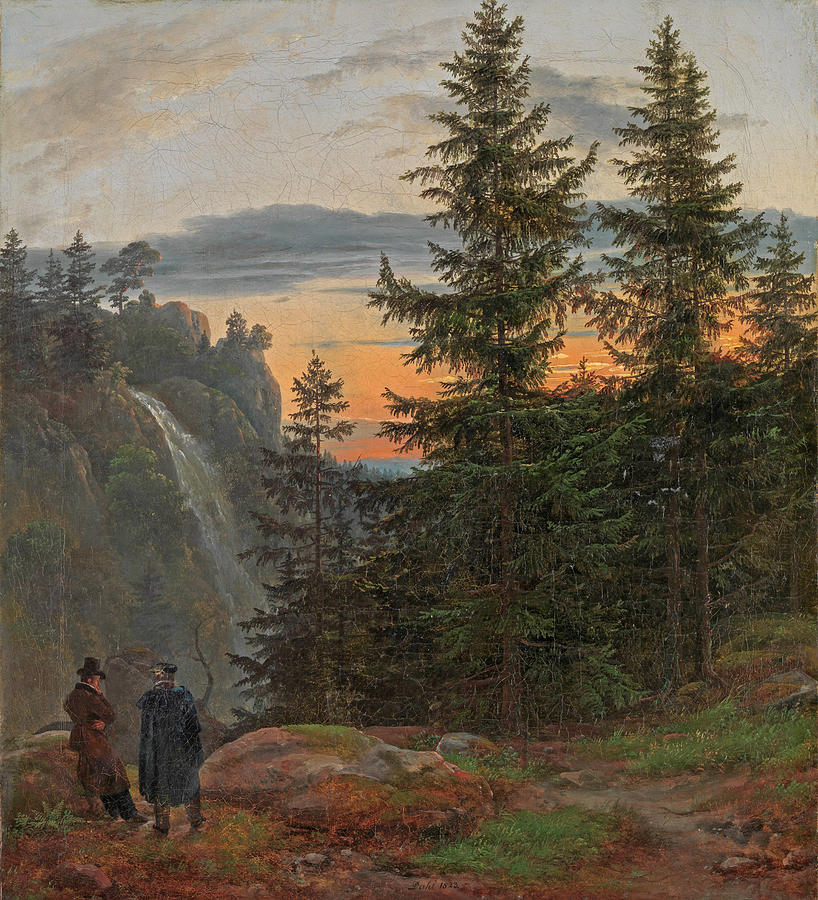  Two Men before a Waterfall at Sunset #2 Painting by Johan Christian Dahl
