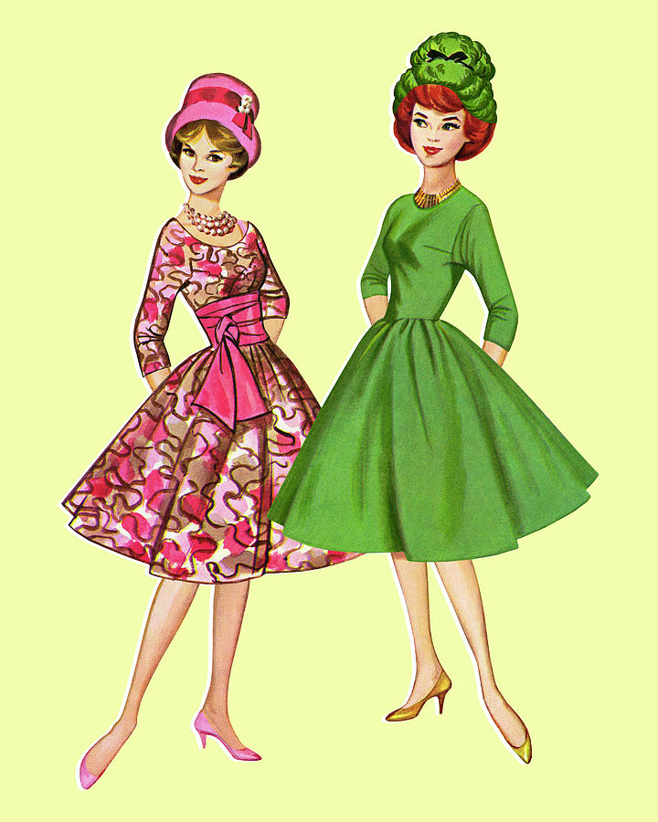 Vintage Drawing - Two Paper Doll Women #1 by CSA Images