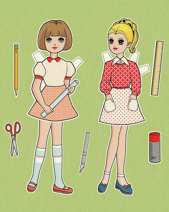 Vintage Drawing - Two Paper Dolls #1 by CSA Images