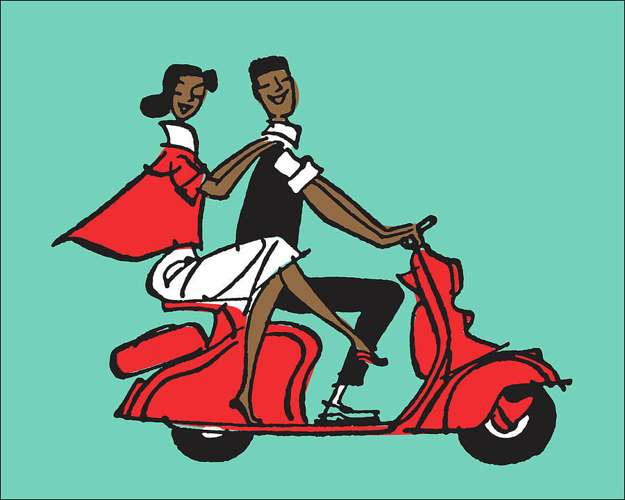 Transportation Drawing - Two People Riding a Moped #1 by CSA Images