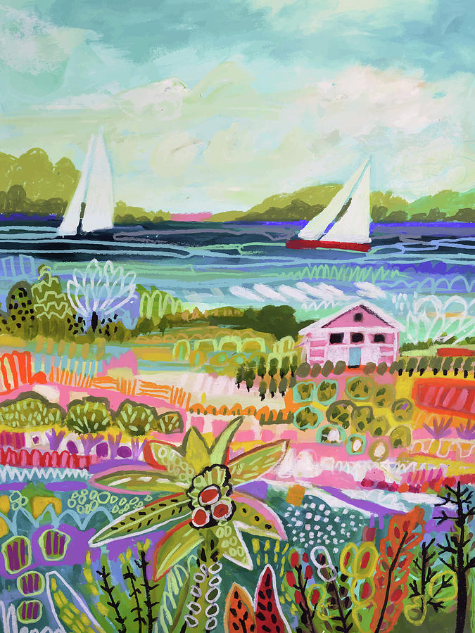 Two Sailboats And Cottage I #1 Painting by Karen Fields