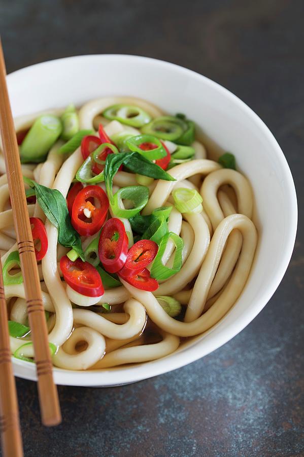 Udon Noodle Soup With Spring Onions And Chilli Rings japan #1 Photograph by Antti Jokinen