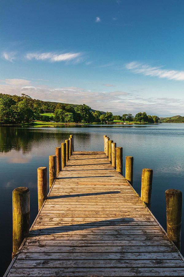 United Kingdom, England, Cumbria, Great Britain, Lake District, British Isles, Coniston Water, Sun Rising On The Wooden Jetty At Coniston Water On A Sunny Summer Afternoon #1 Digital Art by Maurizio Rellini