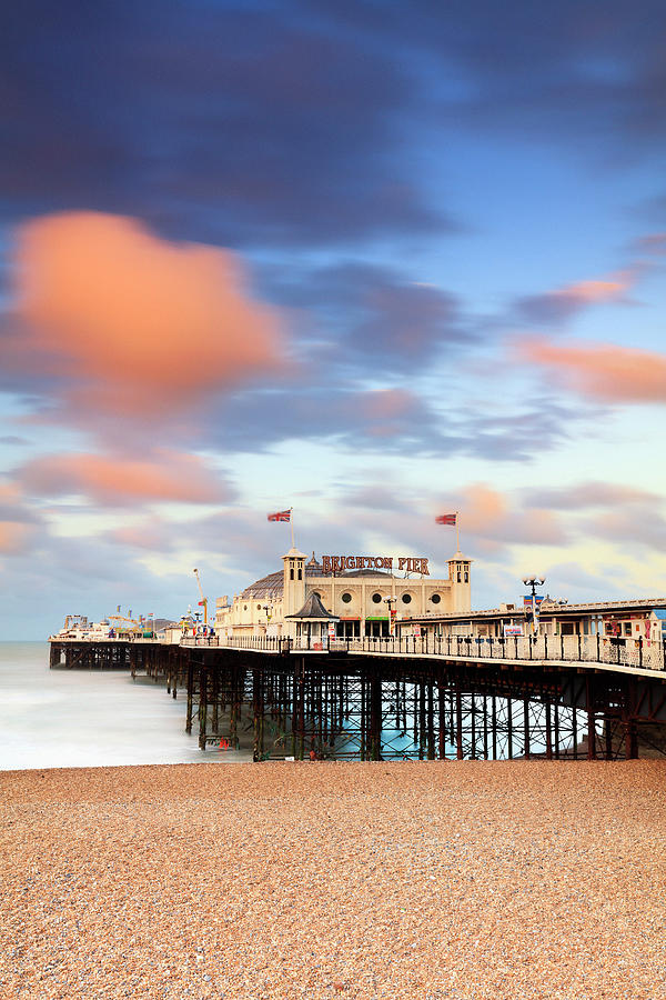 United Kingdom, England, East Sussex, Great Britain, British Isles, Brighton, The Brighton Marine Palace And Pier, Commonly Known As Brighton Pier At Sunrise #1 Digital Art by Maurizio Rellini