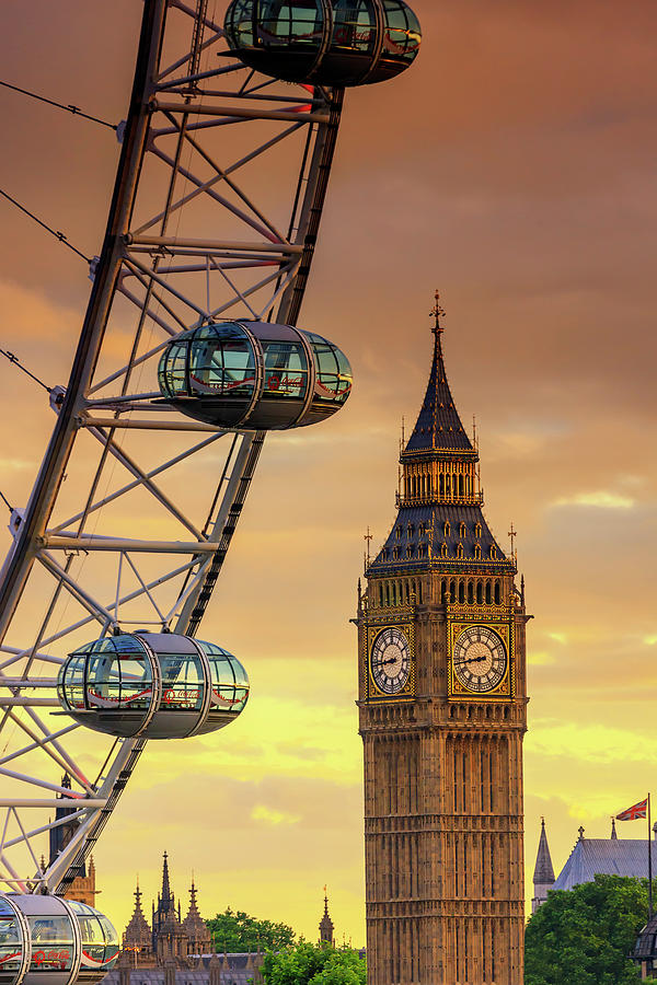 United Kingdom, England, London, Great Britain, City Of Westminster, Palace Of Westminster, Houses Of Parliament, Big Ben And Millennium Wheel At Sunset #1 Digital Art by Maurizio Rellini