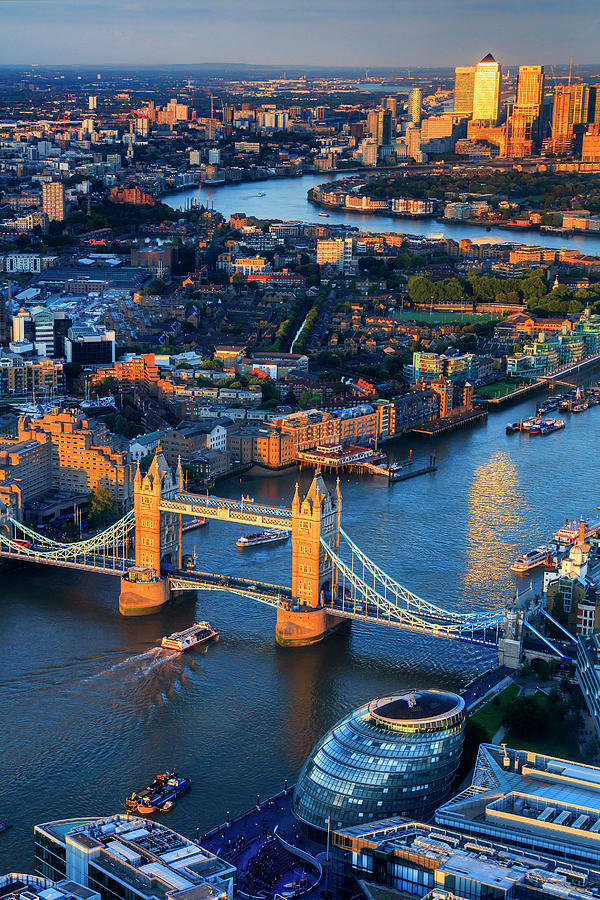 United Kingdom, England, London, Great Britain, Thames, City Of London, Tower Bridge, Aerial View Of The Tower Bridge And Canary Wharf At Sunset #1 Digital Art by Maurizio Rellini