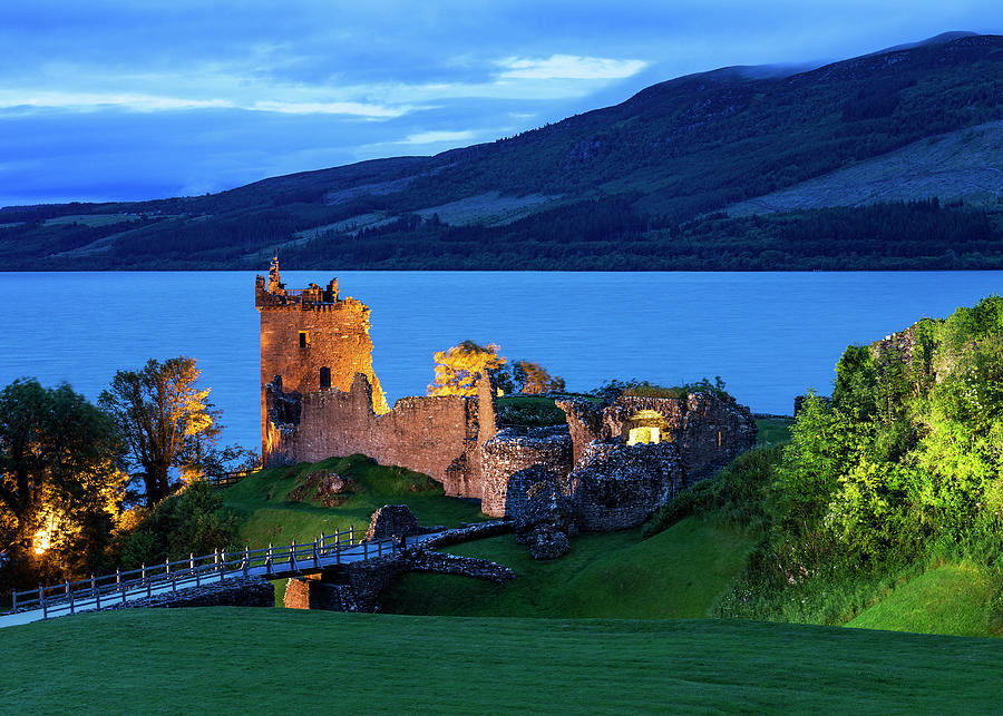 United Kingdom, Scotland, Loch Ness, Urquhart Castle, Great Britain, Highlands, British Isles, The Ruins Of The Castle And Its Majestic Tower Overlooking The Lake Illuminated At Night #1 Digital Art by Luigi Vaccarella
