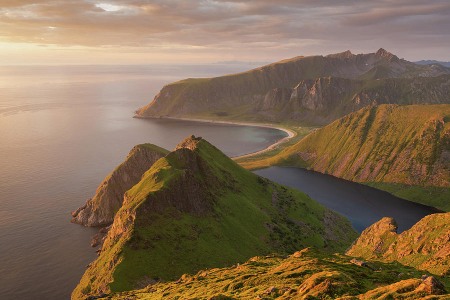 Unstad Beach From Skolmen Mountain Peak, Lofoten Islands, Norway ...