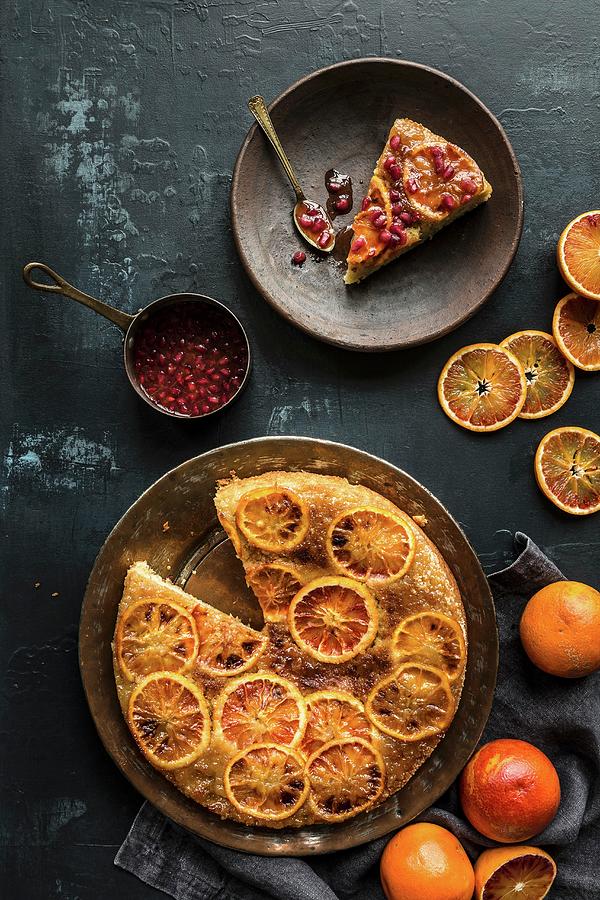Upside-down Cake With Blood Oranges And Pomegranate Syrup seen From Above #1 Photograph by Sarah Coghill