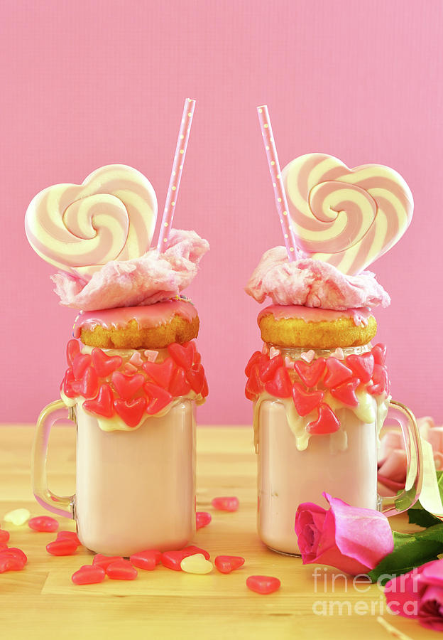 Valentines Day freak shakes with heart shaped lollipops and donuts. #1 Photograph by Milleflore Images