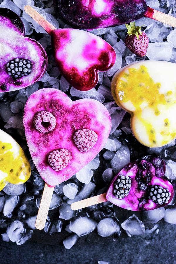 Various Fruity Heart-shaped Ice Lollies #1 Photograph by Alena Haurylik
