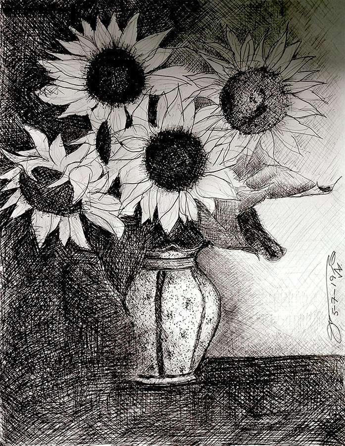 Vase with Five Sunflowers Drawing by Jose A Gonzalez Jr Pixels