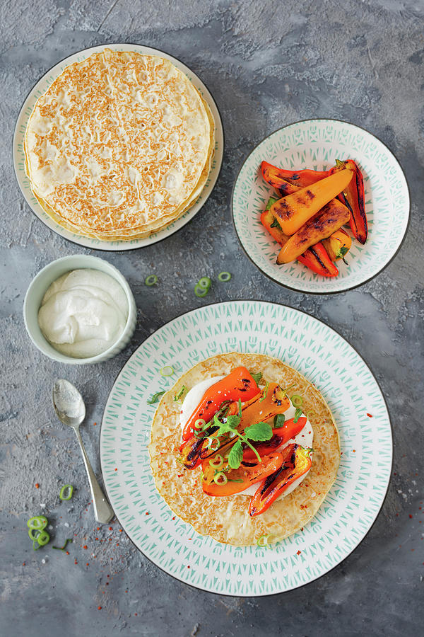 Vegan Pancakes With Grilled Peppers And Cashew Cream Cheese #1 Photograph by Jan Wischnewski
