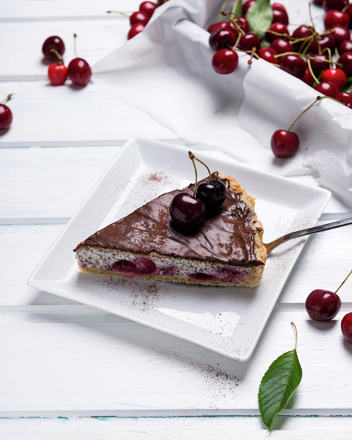 Vegan Poppyseed And Quark Cake With Sweet Cherries And Dark Chocolate #1 Photograph by Kati Neudert