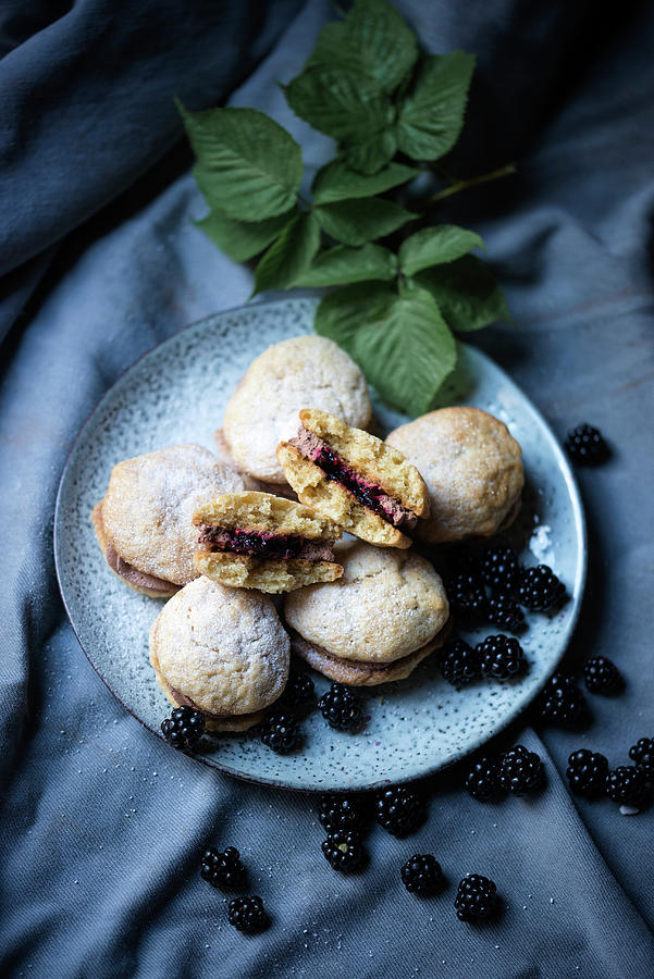 Vegan Whoopie Pies Filled With Blackberry Sauce And Chocolate Cream #1 Photograph by Kati Neudert