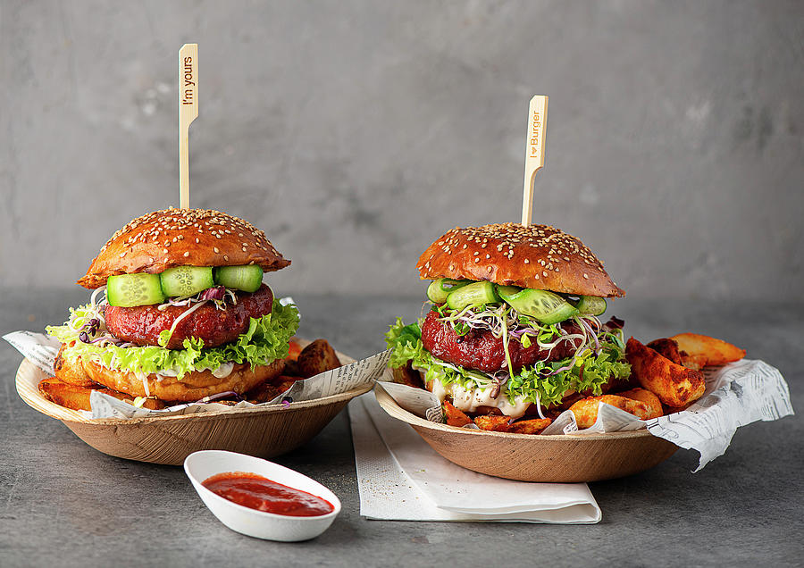 Veggie Burger With Potato Wedges #1 Photograph by Ewgenija Schall