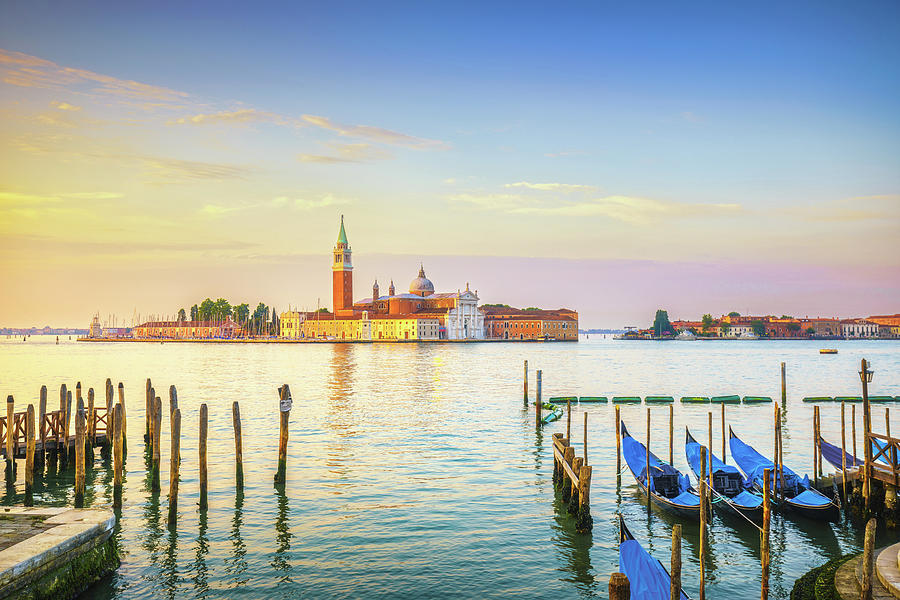 Venice lagoon, San Giorgio church, gondolas and poles. Italy #1 Photograph by Stefano Orazzini