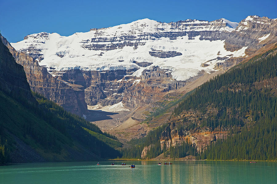 Victoria Glacier And Canoes On Lake Louise, Banff National Park, Rocky ...