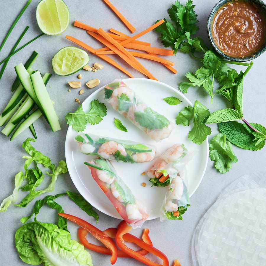 Vietnamese Summer Rolls With Shrimps, Vegetables And Herbs #1 Photograph by Amanda Stockley