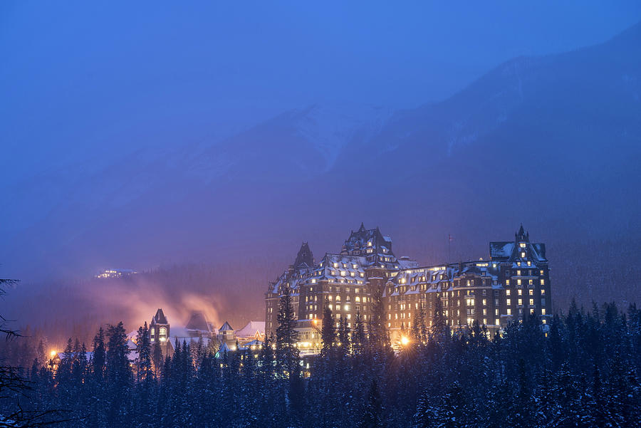 View Of Illuminated Banff Springs Hotel During Night Photograph by ...