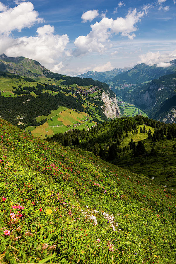 View Of Murren And The Lauterbrunnen Valley, Murren, Lauterbrunnen, Bernese Oberland, Canton Of Bern, Switzerland #1 Photograph by Daniel Schoenen Fotografie
